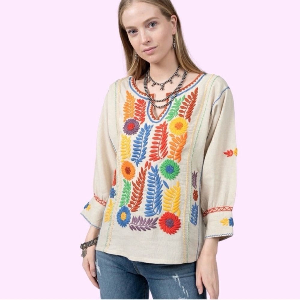 Sister Mary Gloria Tunic Top Rainbow Floral Embroidery Linen Size Medium